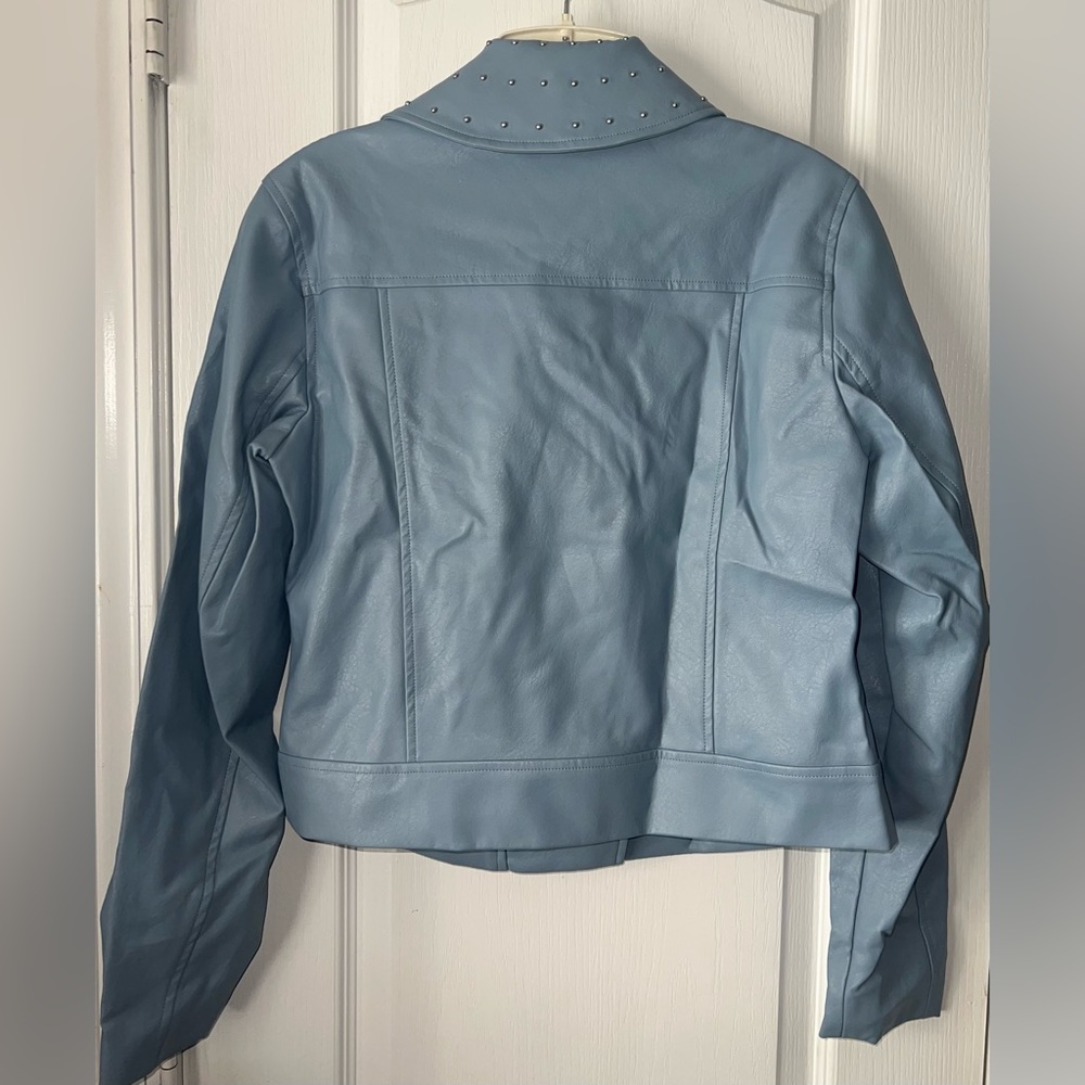 Michael Kors Light Blue Faux Leather Moto Jacket Zip Front Biker Style Size S - Picture 3 of 9